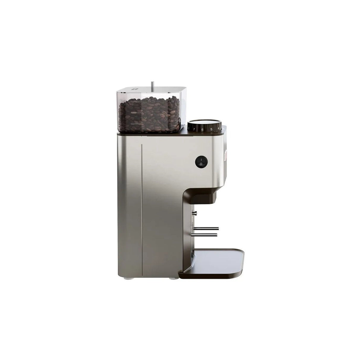 Side view of the Lelit William Coffee Grinder PL71 by Lelit, a modern silver grinder with flat burrs, transparent bean hopper, and bottom tray for collecting ground coffee.