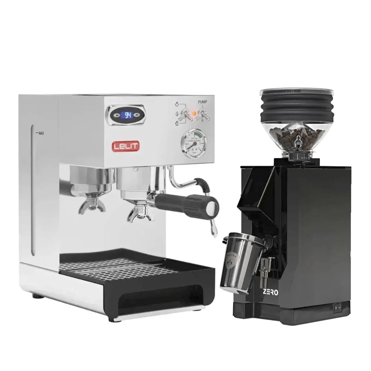 A Lelit Anna 2 Espresso Machine and black Eureka Mignon Zero Grinder bundle sits side by side, the grinder’s black spout dispensing coffee into a metal cup beneath.