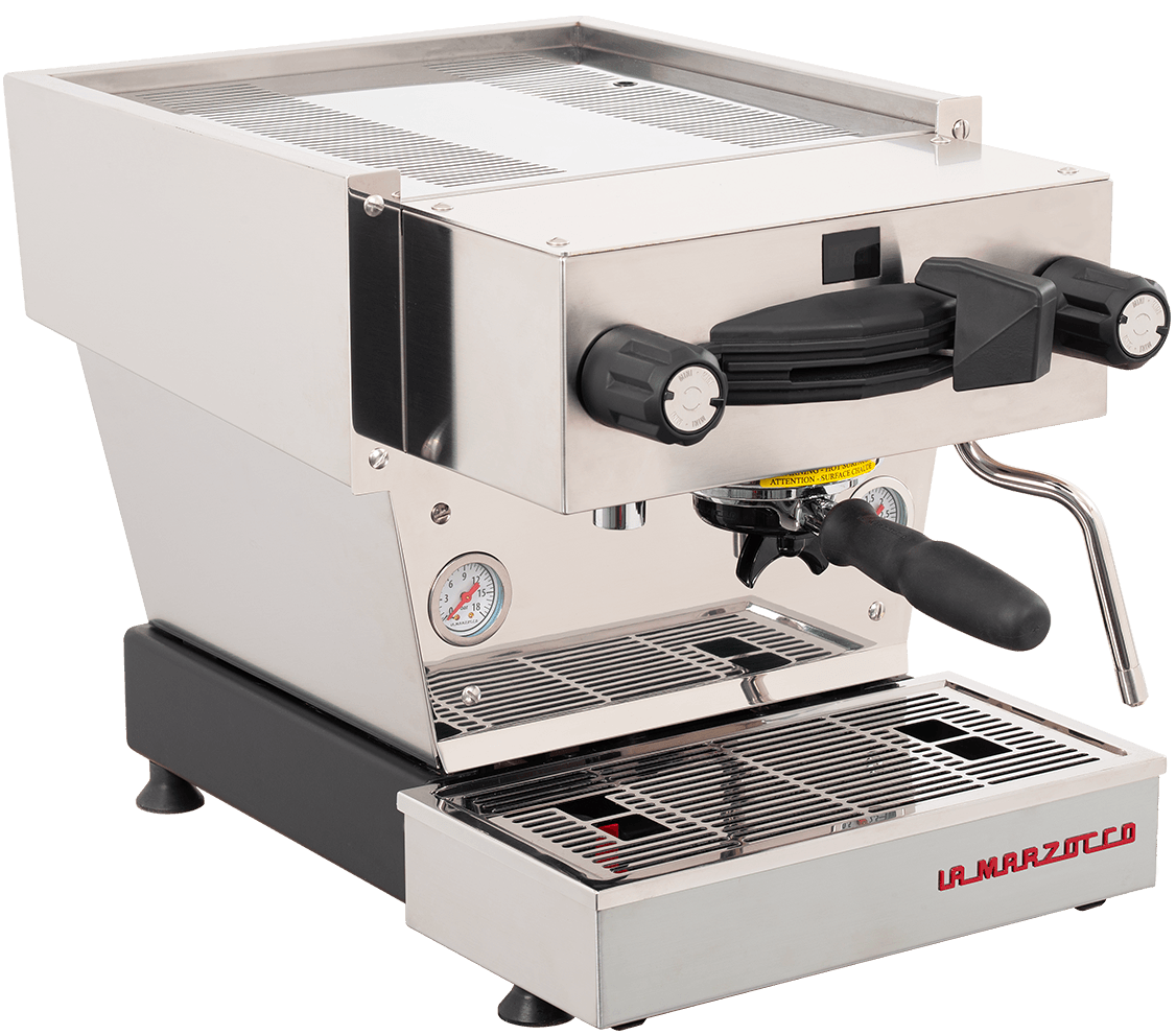 The La Marzocco Linea Mini R Dual Boiler Semi-Automatic Espresso Machine in brushed stainless steel features dual black knobs, a steam wand, a pressure gauge, and a portafilter handle. With its commercial-inspired design and the “La Marzocco” brand name displayed on the lower front panel, it’s perfect for any home barista.