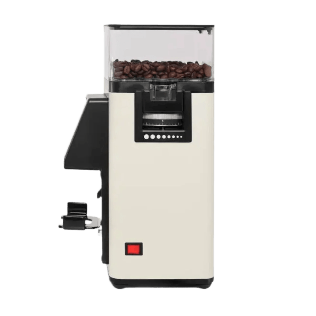 The Rancilio Stile SD Espresso Coffee Grinder (White) by Rancilio features a transparent bean hopper, a red power button, and a black handle for precise dispensing and grinding, all shown from the side.