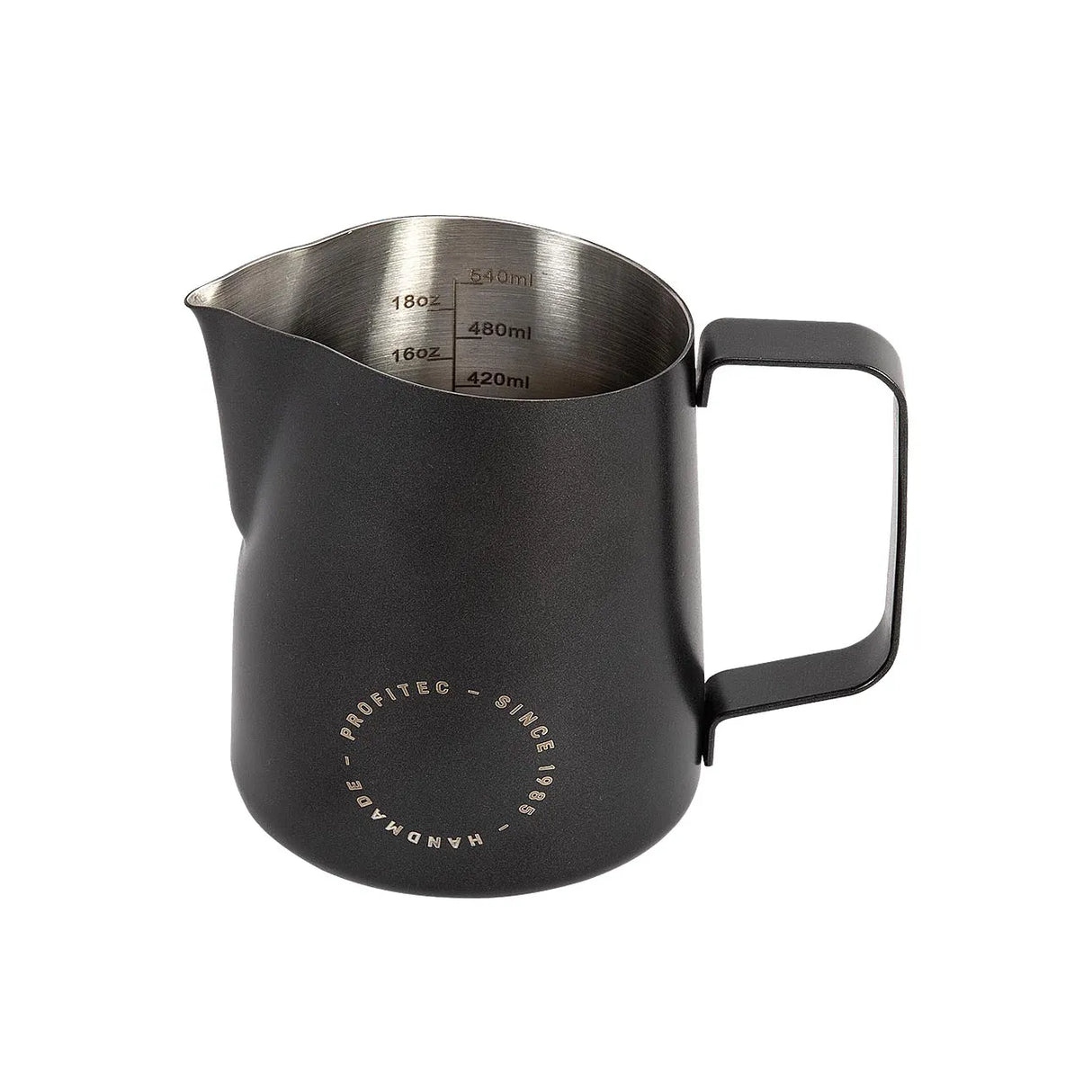 The Profitec Milk Frothing Pitcher 550ml (Matte Black) features a sturdy handle, a precise spout, and interior measurement markings in both milliliters and ounces—perfect for accurate pouring and crafting impressive latte art. Its matte black exterior is accented by a circular “Profitec Handmade Since 1985” logo near the base, showcasing the brand’s commitment to quality craftsmanship.