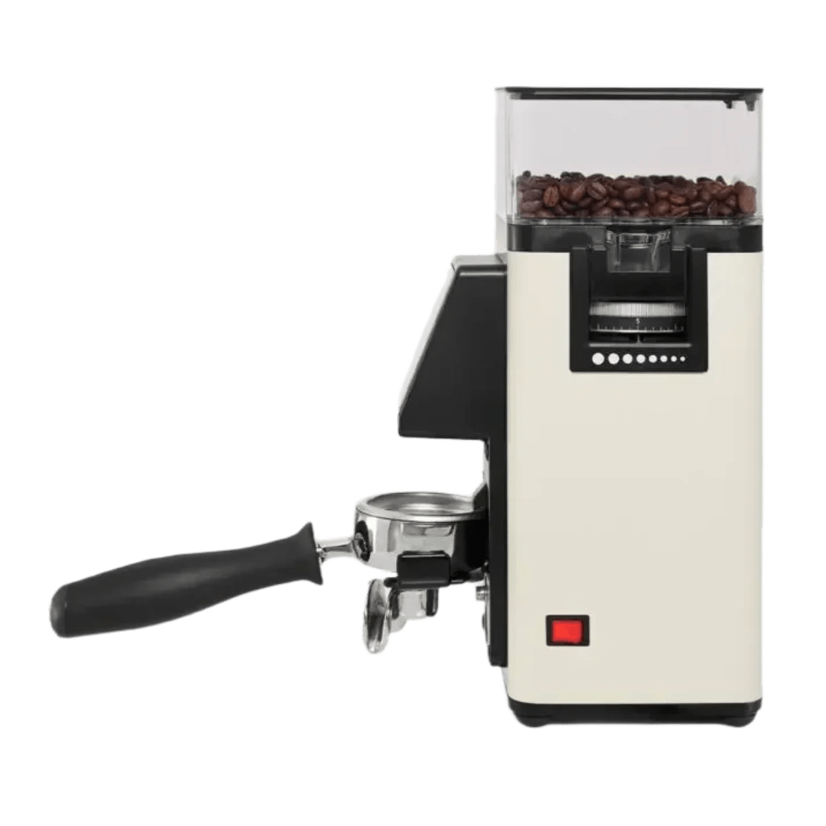 The Rancilio Stile SD Espresso Coffee Grinder (White) by Rancilio features a transparent top for viewing coffee beans and an attached portafilter holder, ensuring precise grinding for your perfect brew.