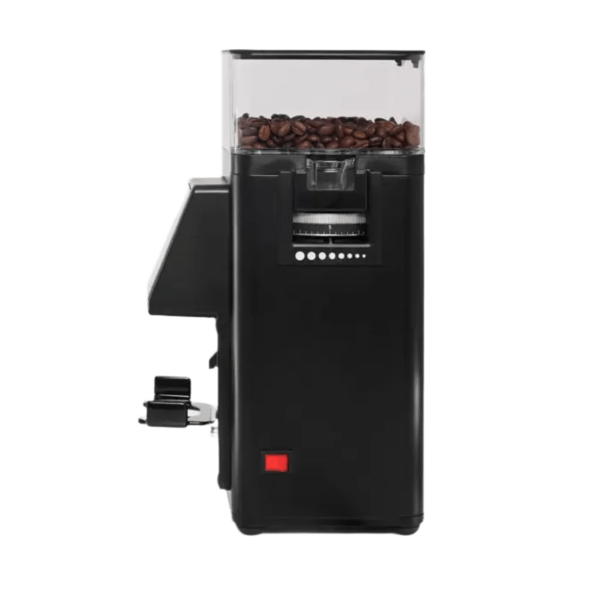 The Rancilio Stile SD Espresso Coffee Grinder in black by Rancilio features flat burrs and a transparent bean hopper filled with coffee beans, showcased from the front against a white background.