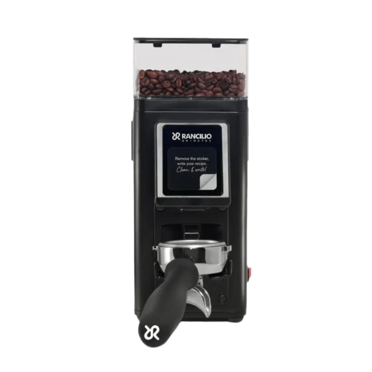 The Rancilio Stile SD Espresso Coffee Grinder (Black) by Rancilio features flat burrs, a digital display, and a portafilter holder, shown filled with coffee beans.