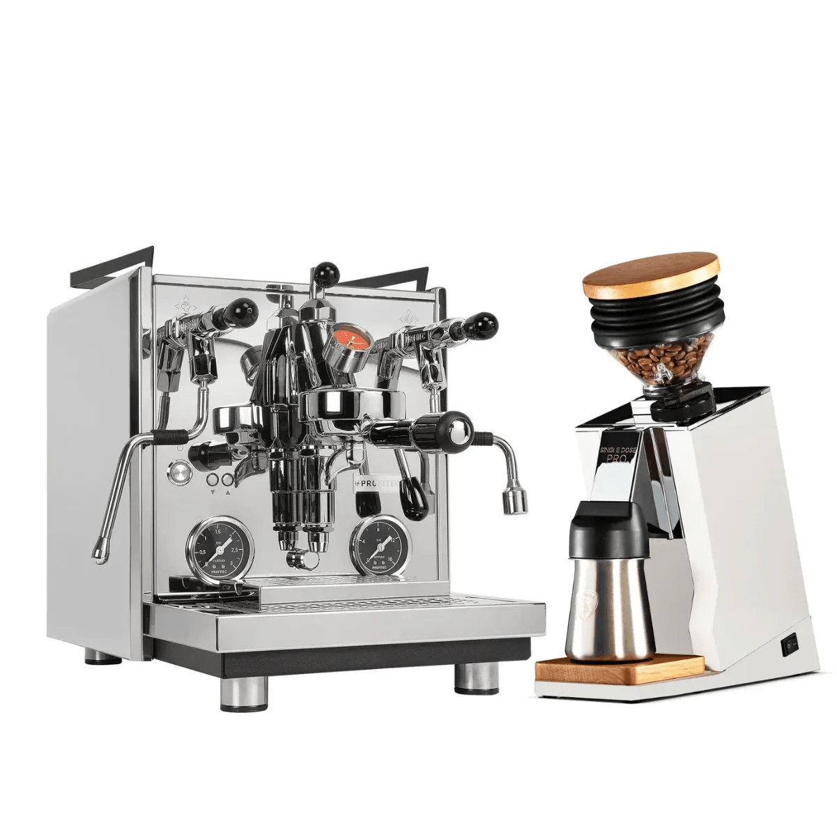 The Profitec Drive Espresso Machine and Eureka Oro Pro Grinder (White) Bundle by Profitec features a stainless steel dual boiler machine with multiple dials and levers, alongside a modern grinder filled with coffee beans, all on a white background.