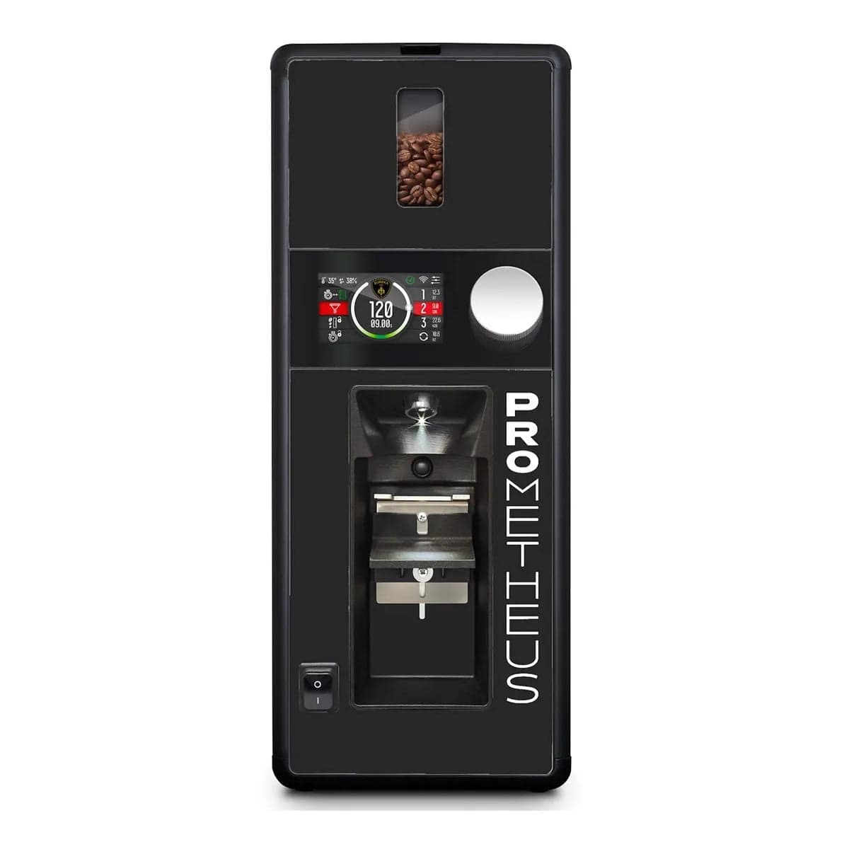 The Eureka Oro Prometheus Commercial Coffee Grinder in sleek black, crafted by Eureka, displays beans through a top window. Equipped with smart tech, it features a precision grinder, digital display controls, and a central dispensing area.