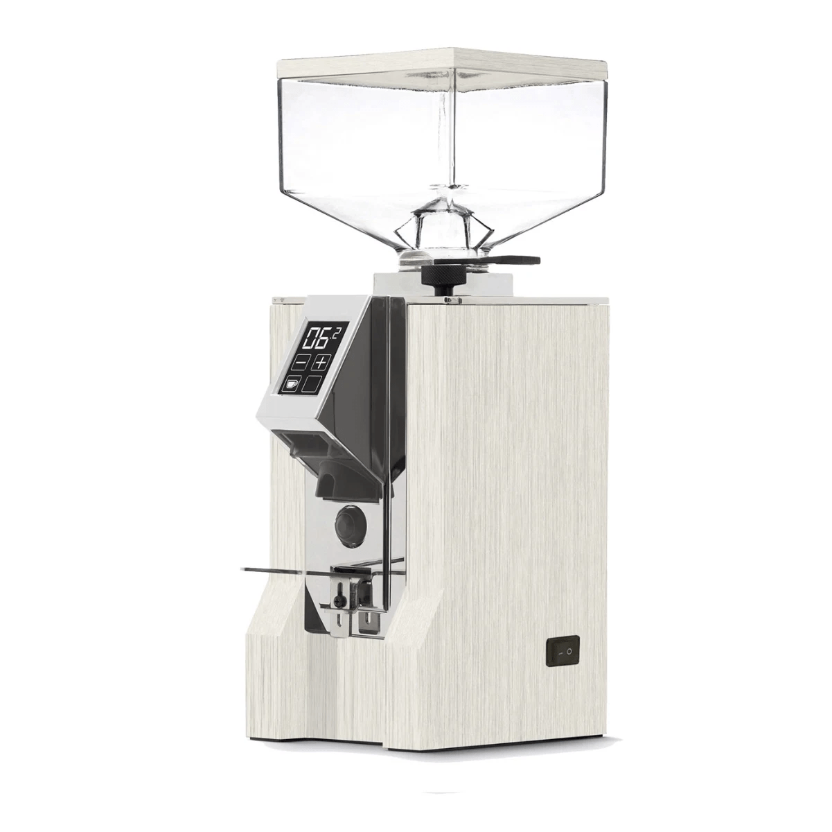 The Eureka Mignon Design Coffee Grinder (Whitened Oak) by Eureka features a light wood finish, transparent hopper, digital display, spout for ground coffee, and stepless micrometric adjustment, shown against a white background.