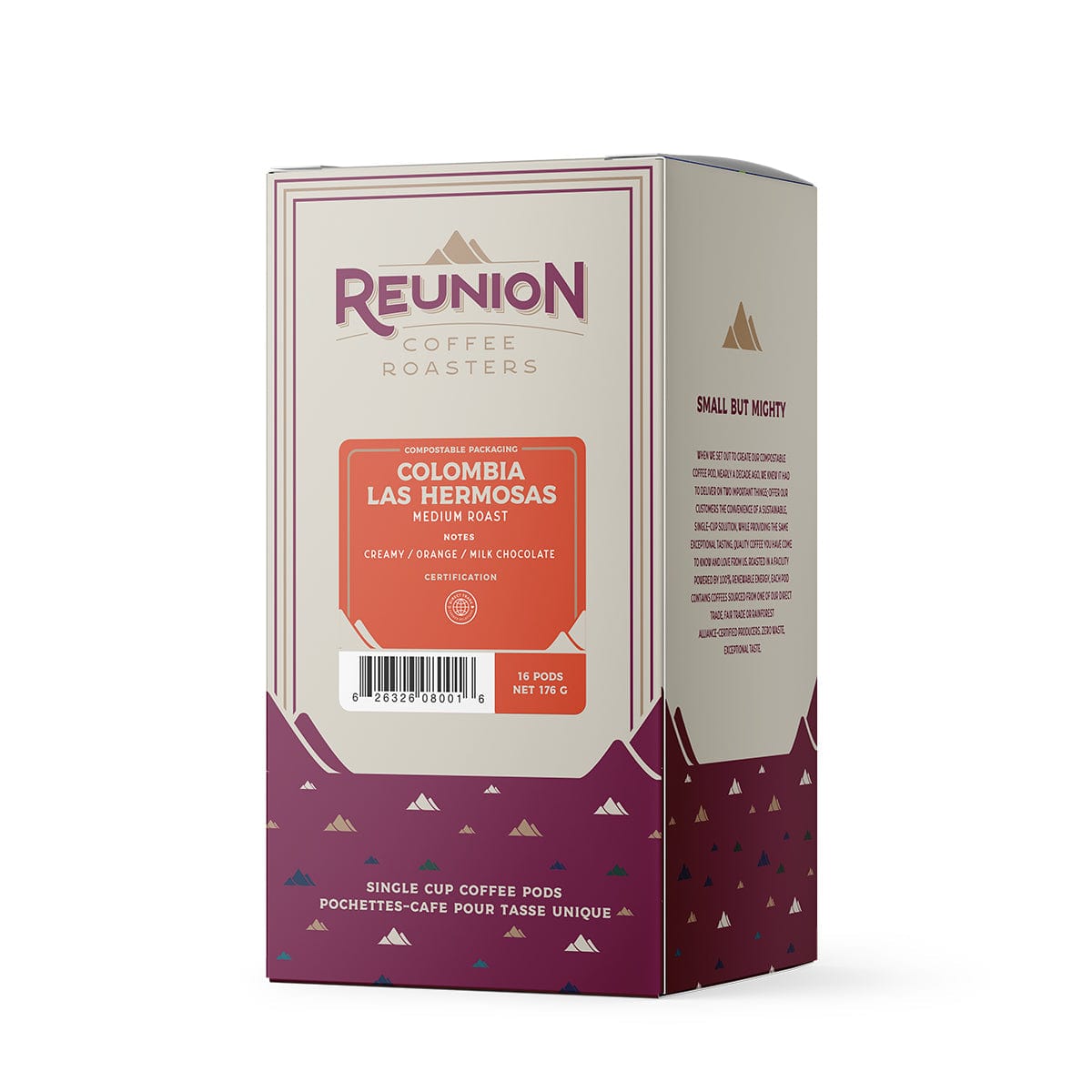 A photo of a box of Reunion Coffee Roasters Colombia Las Hermosas Soft Pods. The Fair Trade Certified package is labeled "Colombia Las Hermosas Medium Roast" and describes the Colombian coffee as "creamy, orange, milk chocolate, and caramelized." The box contains 16 pods and weighs 111 grams.