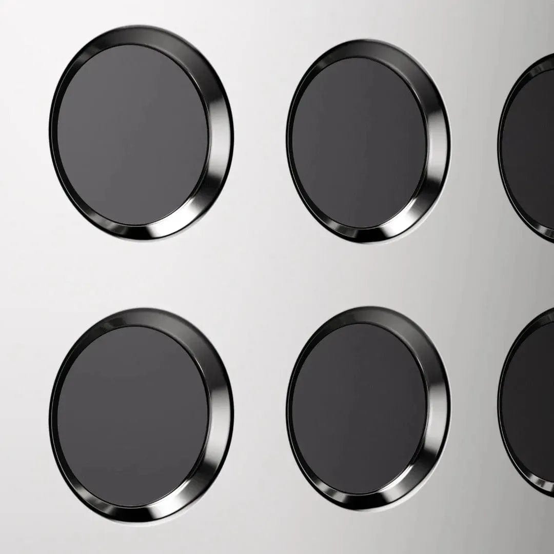 A grid of six round, black buttons with metallic rims, resembling premium espresso machine controls, is arranged in two rows on a light gray background. Ideal for precise temperature control adjustment, the design reflects the elegance of the Rocket Appartamento TCA Espresso Machine.