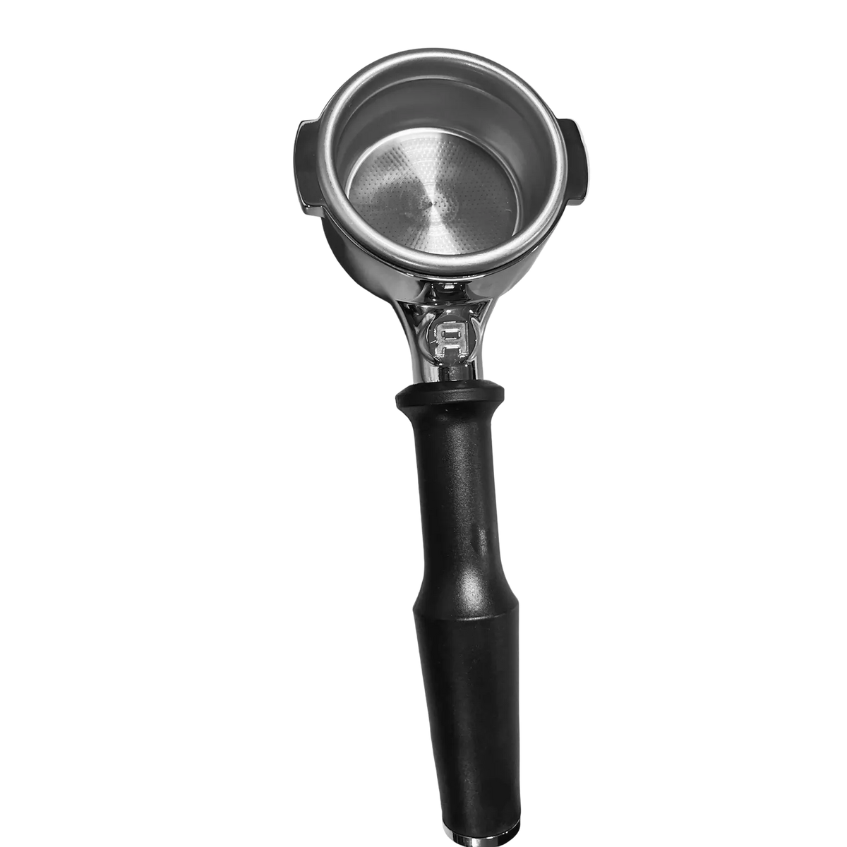 Rocket 58mm Bottomless Premium Portafilter RA99910342 with a silver metal triple-shot basket and a black handle.