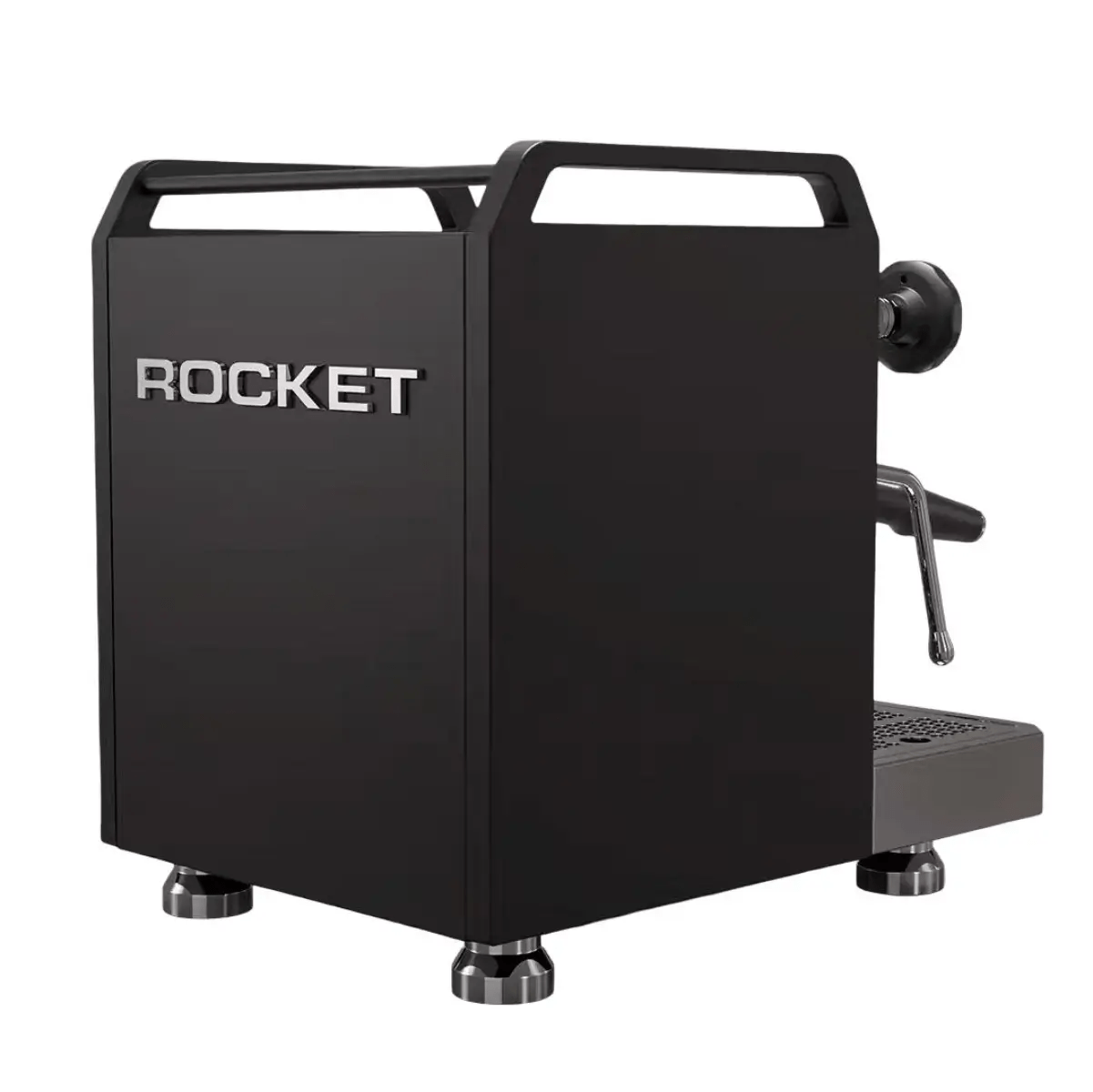 The Rocket Mozzafiato Fast Type R Espresso Machine RE852E3B12 (Black) by Rocket features raised "ROCKET" metal letters, an OLED display, metal feet, and visible portafilter and steam wand in a sleek side view.