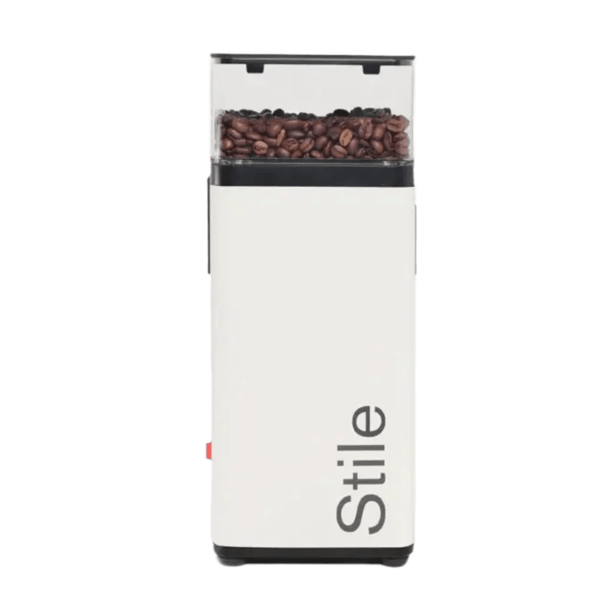The Rancilio Stile SD Espresso Coffee Grinder (White) by Rancilio features a transparent bean compartment for precise grinding and "Stile" printed vertically on the front.