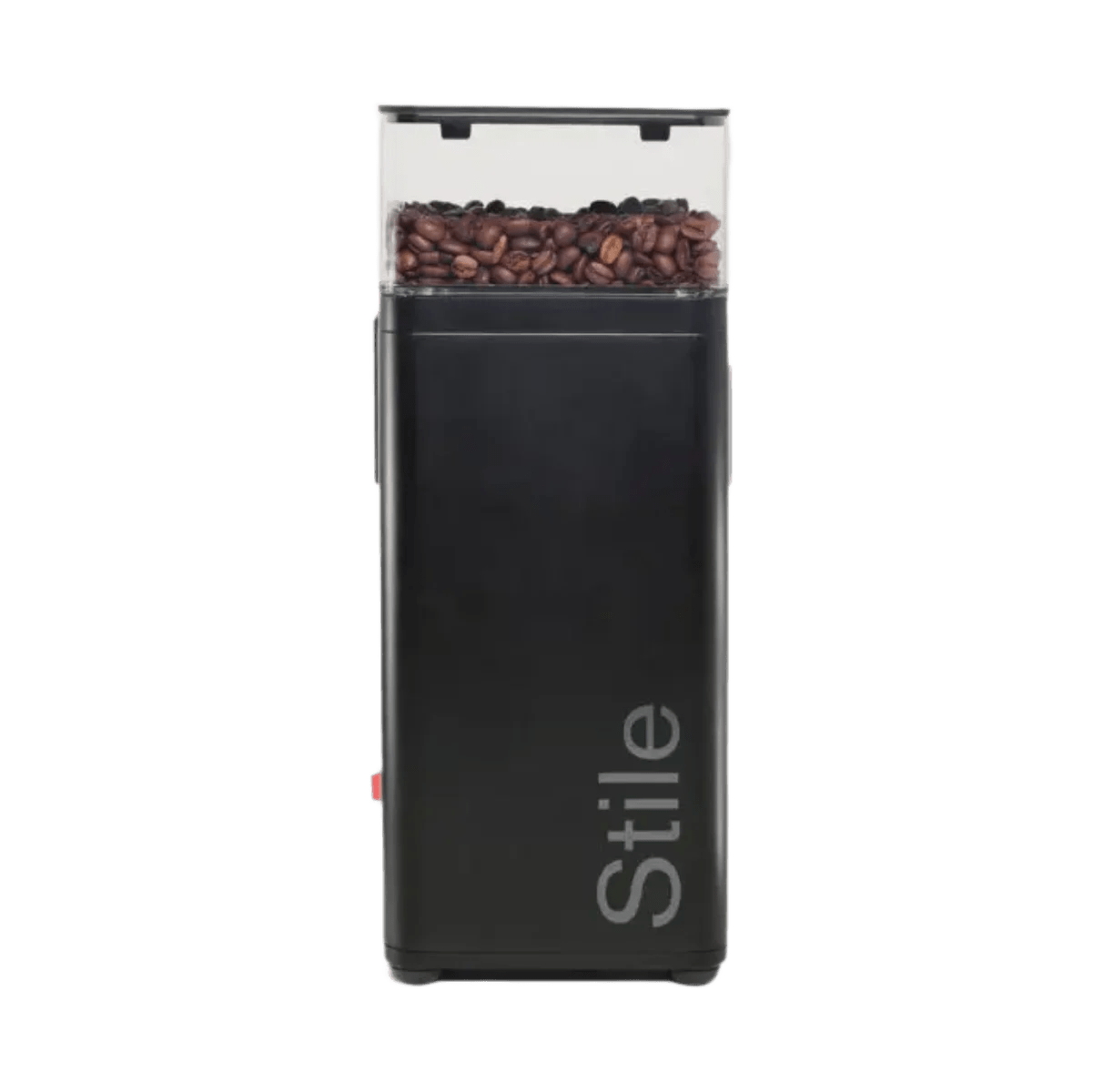 The Rancilio Stile SD Espresso Coffee Grinder (Black) by Rancilio is shown with a transparent hopper filled with coffee beans against a plain background.