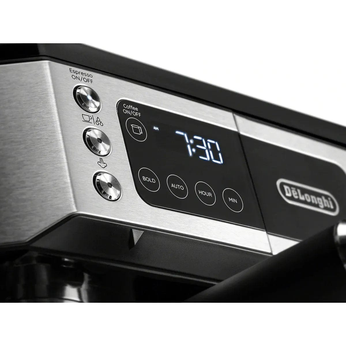 Close-up of the DeLonghi COM532M control panel, showing three round buttons on the left, a digital clock set to 7:30, and touch controls for Bold, Auto, Hour, and Minute—the all-in-one coffee, espresso & latte machine.
