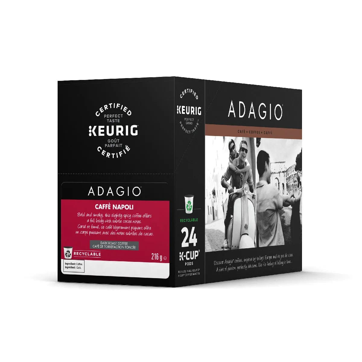 A box of Adagio Caffè Napoli K-Cup® Recyclable Pods (24-count) by Adagio, featuring a couple on a scooter and certification labels, contains 24 recyclable Arabica coffee pods.