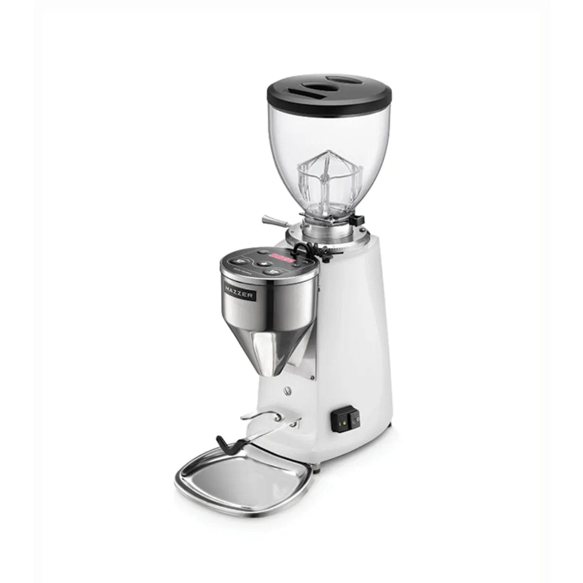 The Mazzer Mini Type A V2 Electronic Grinder (White) by Mazzer features flat burrs, a clear bean hopper, digital controls, and a metal grounds tray, shown on a plain white background. Currently backordered.