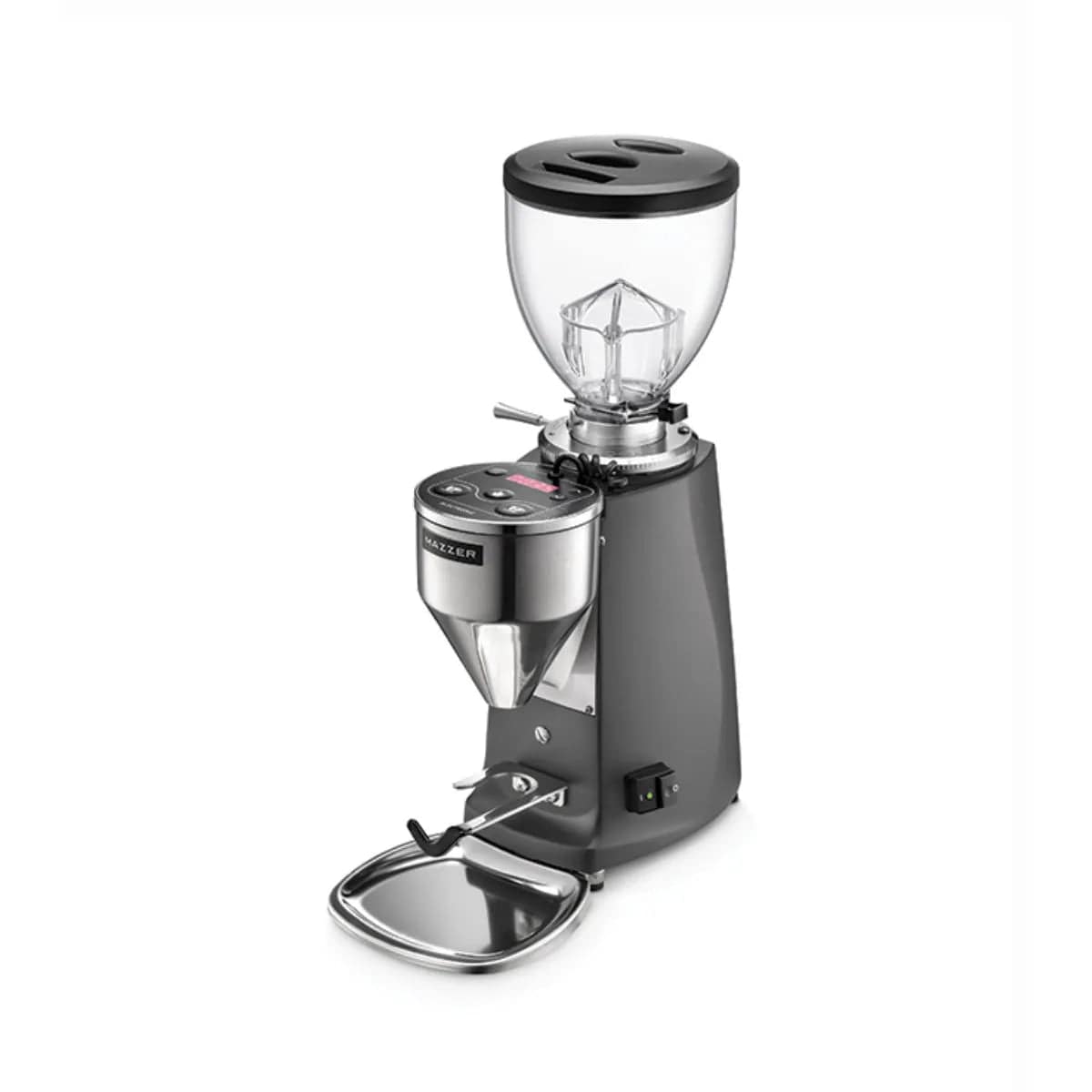 The Mazzer Mini Type A V2 Electronic Grinder by Mazzer in dark grey features flat burrs, a clear bean hopper, front digital controls, a dispensing spout, and a metal base tray.