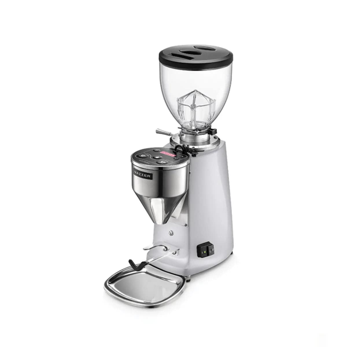 The Mazzer Mini Type A V2 Electronic Grinder (Silver) by Mazzer features 64mm flat burrs, a clear bean hopper, digital controls, dosing chute, and portafilter holder. Shown in silver and black against a plain white background.