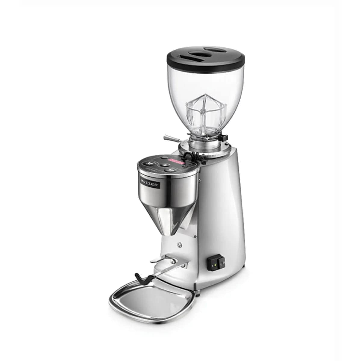 The Mazzer Mini Type A V2 Electronic Grinder (Polished Aluminium) features a clear bean hopper, front control buttons, flat burrs, a grounds chute, and a base tray for catching coffee. Brand: Mazzer. Currently backordered.