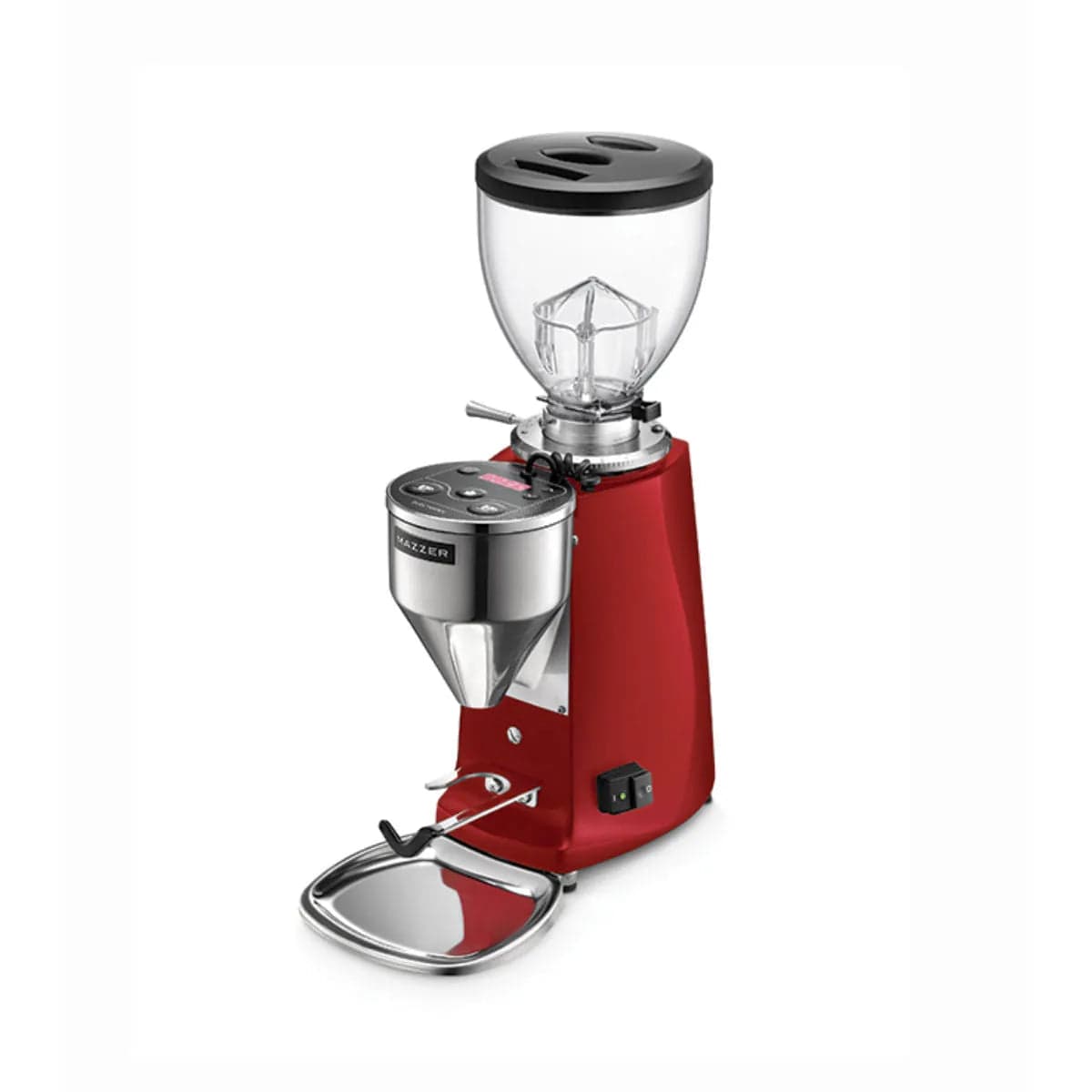 The Mazzer Mini Type A V2 Electronic Grinder (Red) by Mazzer features a transparent bean hopper, 64mm burrs, digital display, and sturdy metal base—ideal for reliable countertop coffee grinding.