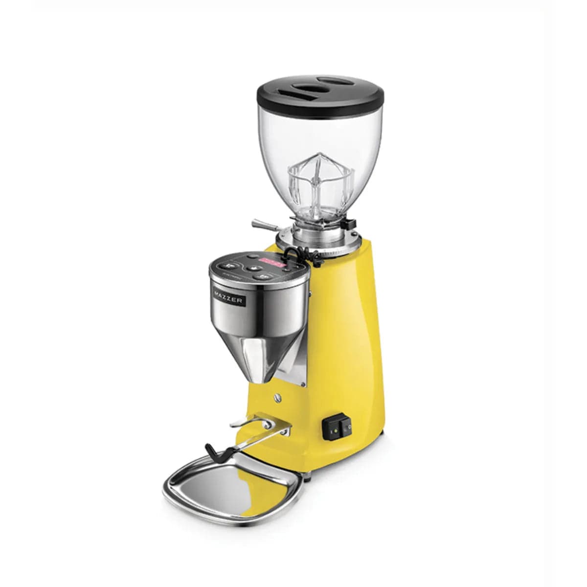 The Mazzer Mini Type A V2 Electronic Grinder in bright yellow features a transparent bean hopper on top and a stainless steel grind chute. This Italian commercial-grade coffee grinder includes a clear grooved lid, 64mm burr size, a small digital display, and several control buttons. It is showcased against a clean, white background.