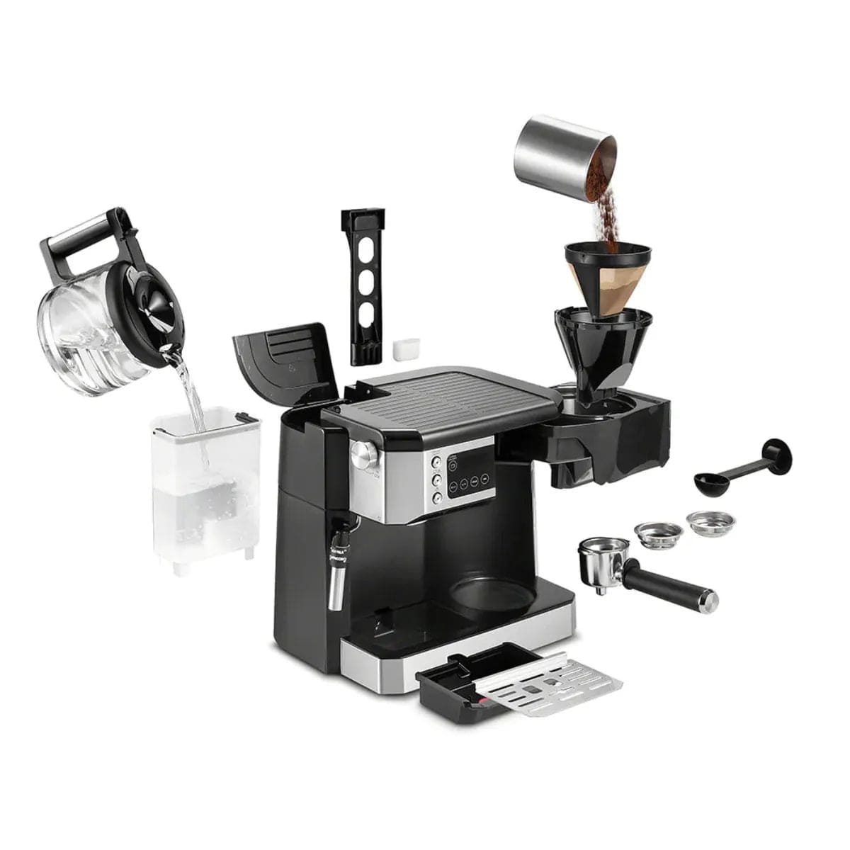 The DeLonghi COM532M Combination All-in-One Coffee, Espresso & Latte Machine is shown in black and silver with separated parts, including a portafilter, tamper, drip tray, a filter with coffee grounds, and a water tank.