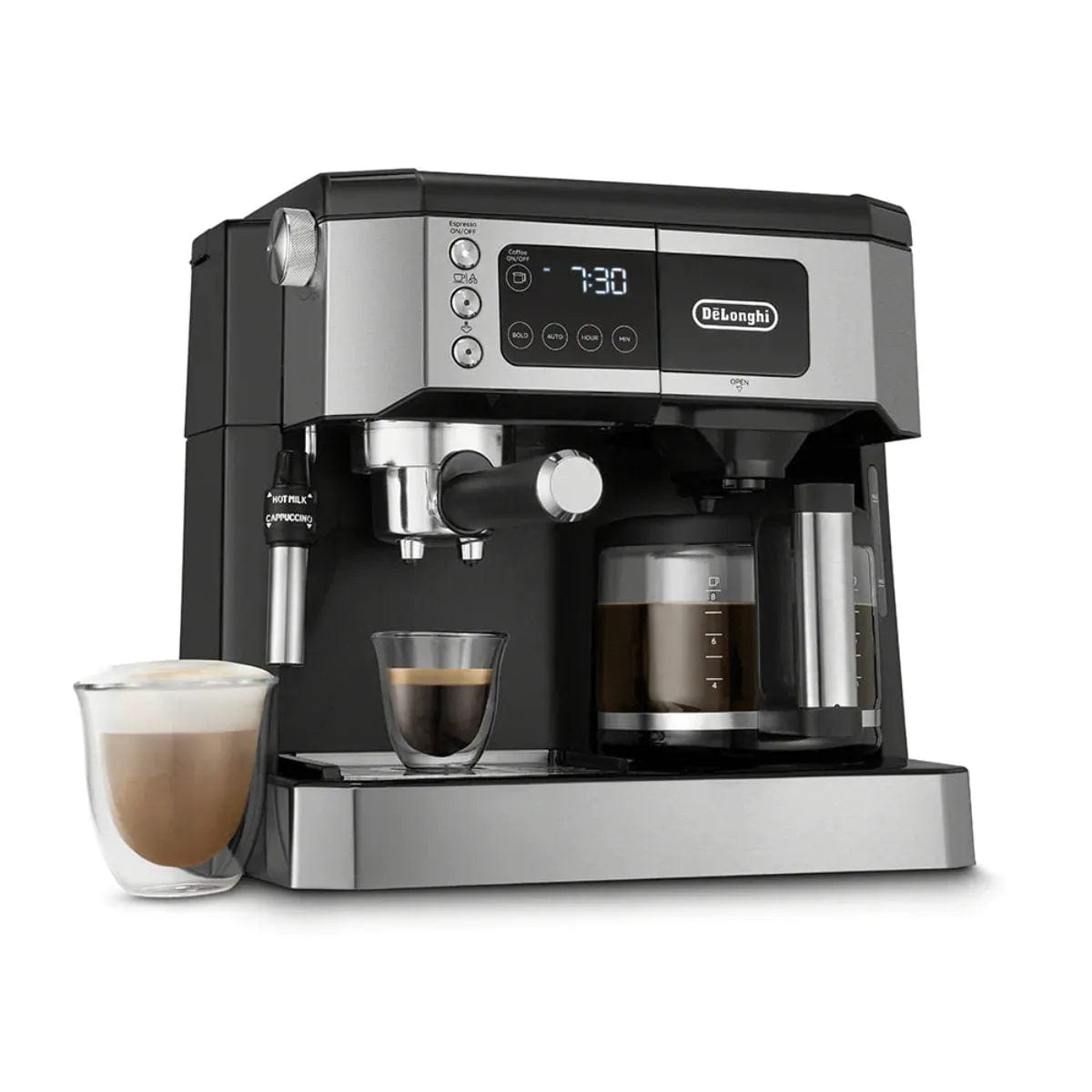 The De'Longhi COM532M Combination All-in-One Coffee, Espresso & Latte Machine features a digital display, 15-bar pump, steam wand, glass coffee pot, and serves two cups—all shown on a white background.