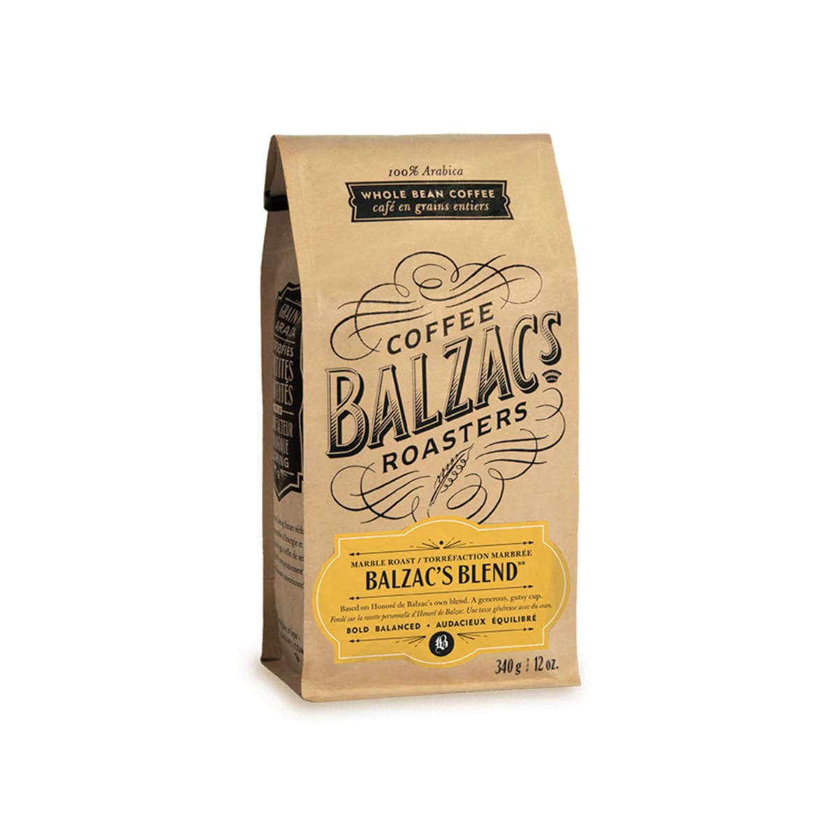 A beige bag of Balzac's whole bean coffee labeled "Balzac's Blend," signifying it as a medium roast coffee with caramel notes. Made from 100% Arabica beans, the packaging features brown and gold accents and has a net weight of approximately 340 grams (0.75 lbs).