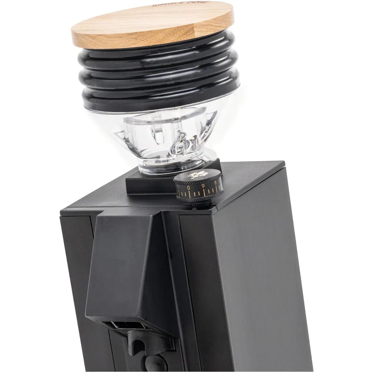The Eureka Oro Mignon Single Dose Grinder | Inclined To Zero Retention Grinder v1.1 (Black) - OPEN BOX (4065) by Eureka features a modern design with large flat burrs, a wooden lid, a transparent bean hopper, and a sleek grind size adjustment knob on the side.