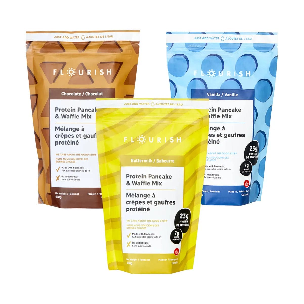 Flourish Protein Pancake & Waffle Mix Variety Pack (Buttermilk, Vanilla & Chocolate) Snacks & Treats Flourish