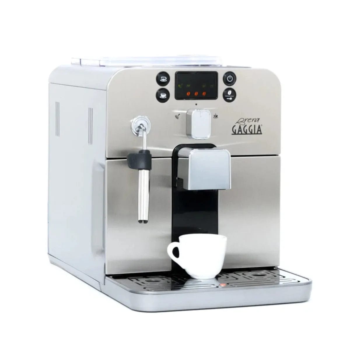 The Gaggia Brera Super Automatic Espresso Machine (Silver) - OPEN BOX (4147) by Gaggia features a sleek silver design with a digital display, intuitive buttons, and front frothing wand. Its ceramic grinders ensure precise grounds for perfect brewing, and a white espresso cup rests on the removable drip tray.