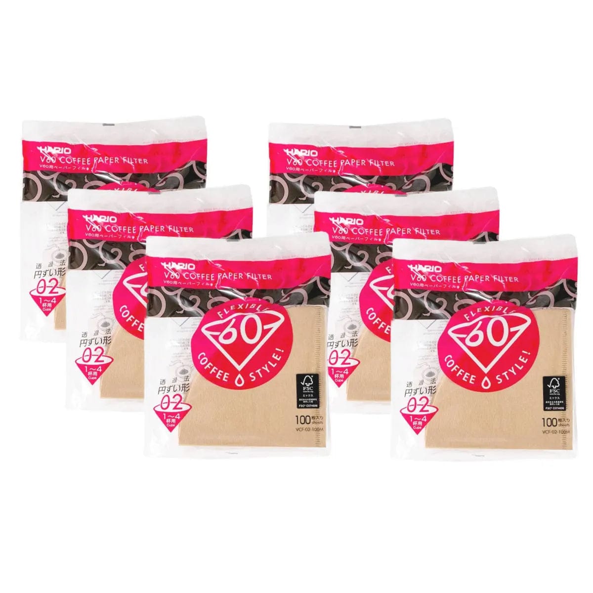 Six packages of Hario V60 Brown Natural Paper Coffee Filters Size 02 are displayed. Each pack contains 100 unbleached brown paper filters, specially designed to help you brew a clean cup of coffee. The red and white packaging prominently showcases the Hario brand and product details, totaling 600 filters across the six packs.