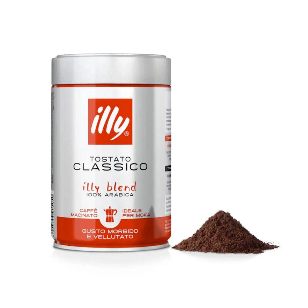 A silver and white cylindrical can of Illy Classico Medium Moka Pot Coffee Grounds with a red label sits next to a small pile of ground coffee. The can features text in Italian, indicating it contains 100% Arabica coffee beans and comes in recyclable packaging.