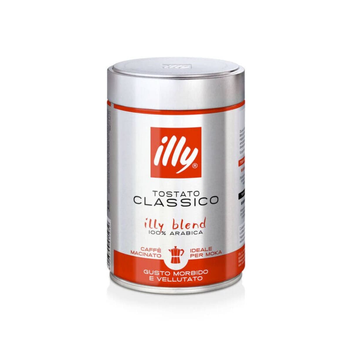 A cylindrical silver can of Illy Classico Medium Moka Pot Coffee Grounds with a red and white label. The label reads "illy" and "Tostato Classico 100% Arabica" along with additional text in Italian. The medium roast can is sealed, indicating it contains ground coffee perfect for your moka pot.