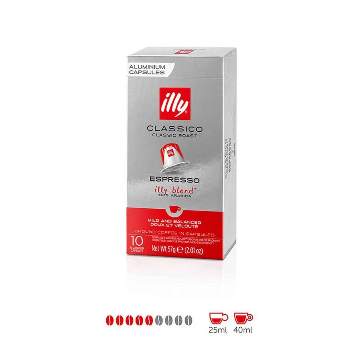 A box of Illy Classico Original Compatible Espresso Coffee Capsules, containing 10 capsules, comes in predominantly white and silver packaging with red accents, highlighting a medium roast flavor. Serving sizes of 25ml and 40ml are depicted on the bottom to ensure Nespresso compatibility. Net weight is 57g (2.01 oz).