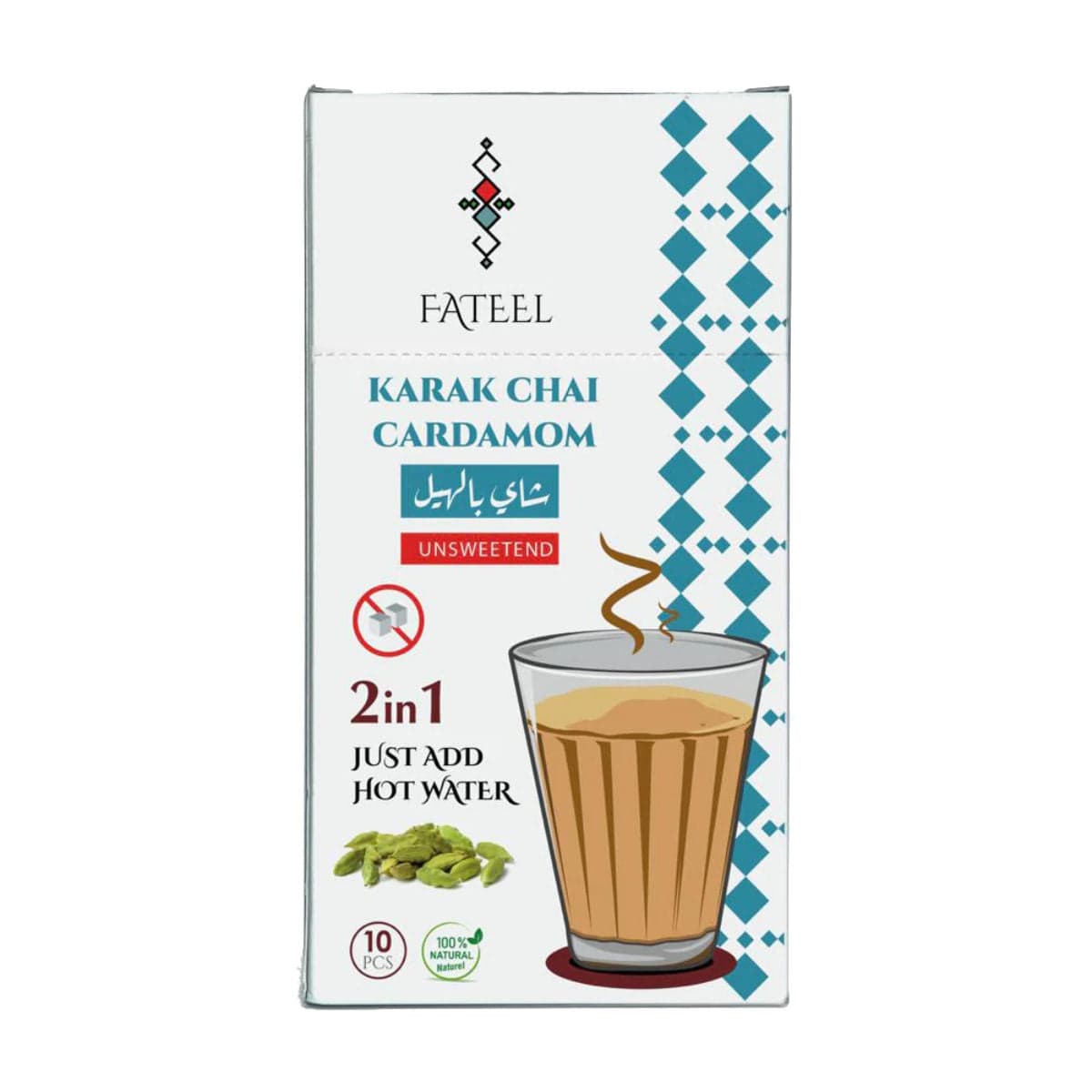 Fateel Karak Chai Cardamom Unsweetened(Tea Latte) Premix 10 Packs Tea Bags Fateel