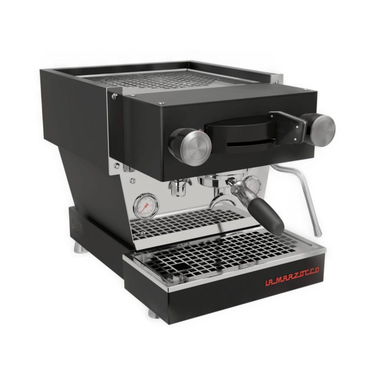 The La Marzocco Linea Mini R Dual Boiler Semi-Automatic Espresso Machine (Black) is a sleek stainless steel and black appliance equipped with a portafilter, steam wand, pressure gauge, and drip tray. It features an advanced workflow system including pre-infusion capabilities and proudly displays the red "La Marzocco" logo on the front lower right corner, accompanied by several control knobs.