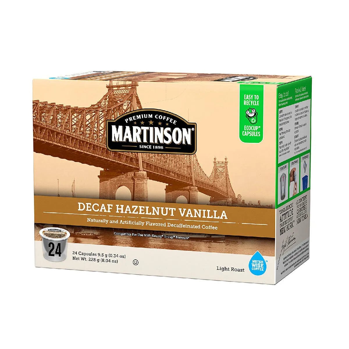 Martinson Coffee Decaf Hazelnut Vanilla Single Serve Pods (Box of 24) K-Cups Martinson