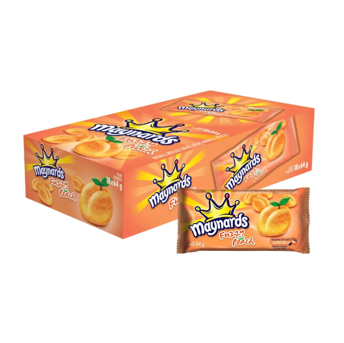 Maynards Fuzzy Peach Gummy Candy Bulk 64g Bags (Case of 18) Candy Maynards