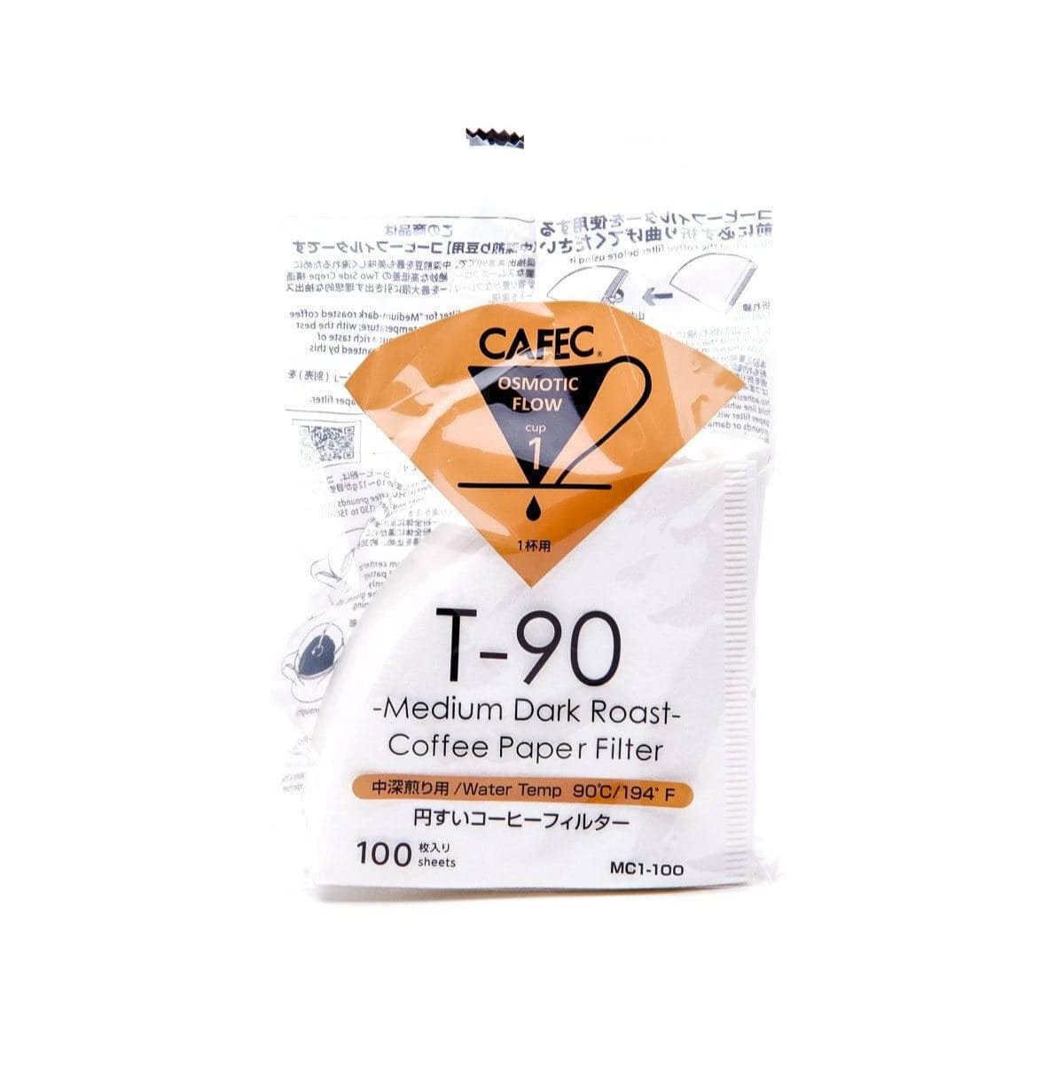 A package of CAFEC Medium Roast Paper Coffee Filters features a large "2" with "Osmotic Flow" highlighted above it. Designed for a brewing temperature of 90°C/194°F, these filters ensure a well-balanced flavor. The package contains 100 two-side crepe sheets and is intended for 1 cup, Size 01 brews.