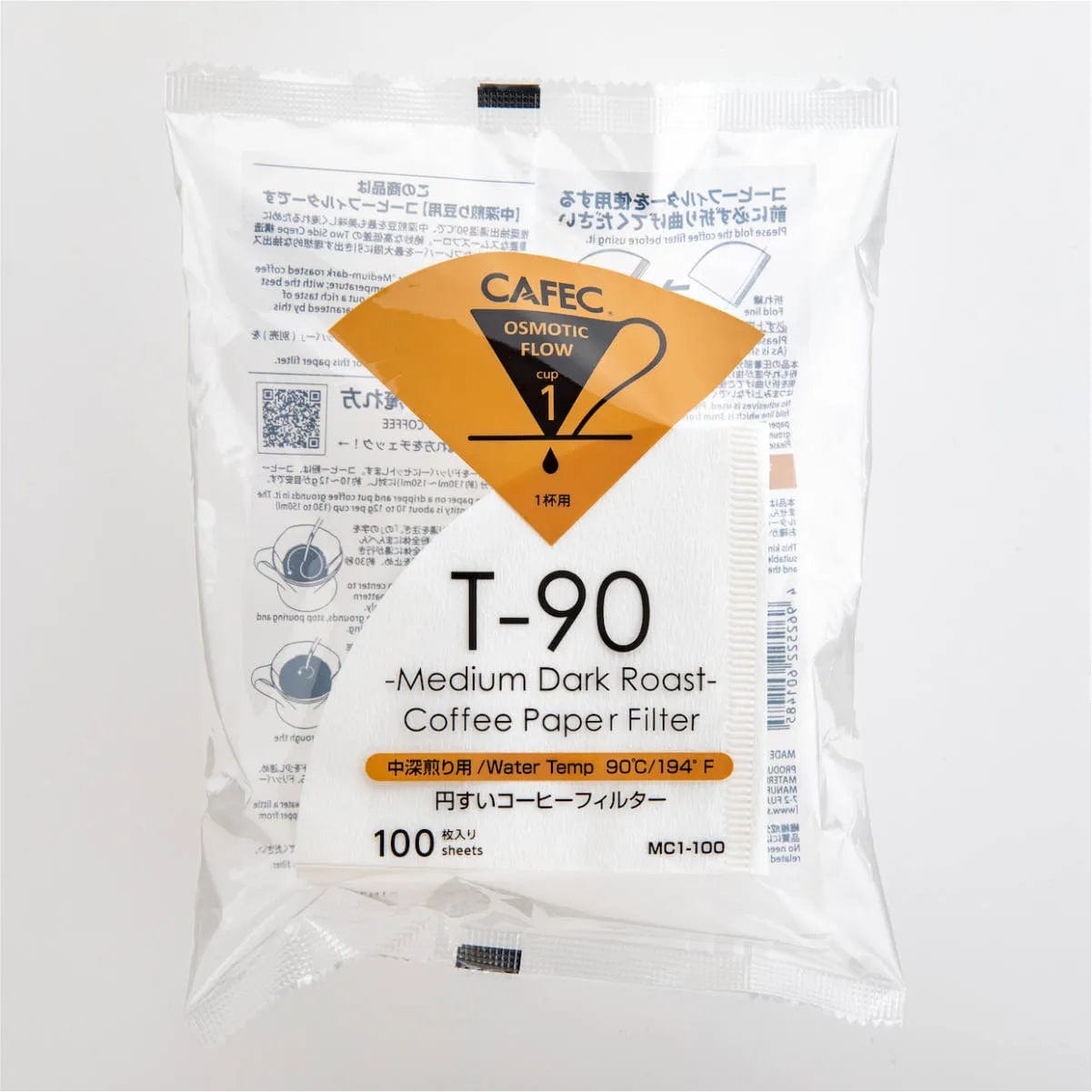A package of CAFEC Medium Roast Paper Coffee Filter (1 Cup, Size 01) featuring osmotic flow medium dark roast coffee filters. The transparent package displays product and usage information in Japanese and English. The T-90 label indicates suitability for 90°C/194°F water, ensuring a well-balanced flavor with 100 sheets featuring a Two-Side Crepe design.