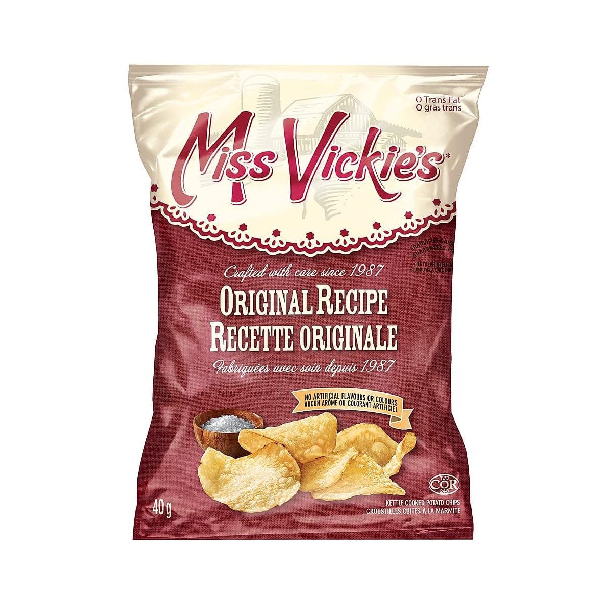 A box of 40 bags of Bulk Miss Vickie's Original Recipe kettle-cooked potato chips. The beige and brown packaging highlights "Crafted with care since 1987" and "No artificial flavours or preservatives." Enjoy 40 grams of these delicious, gluten-free snacks from Miss Vickie's.