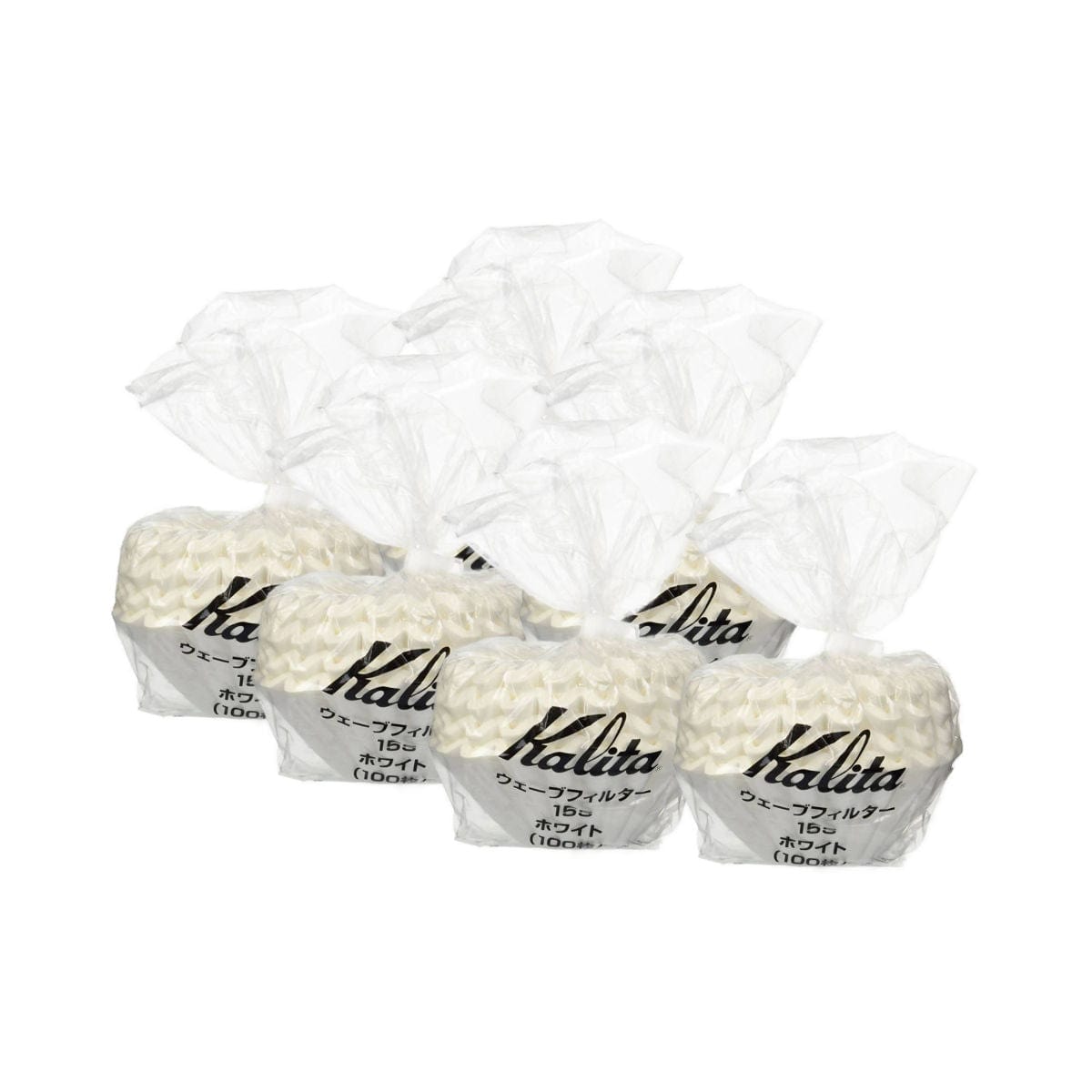 Six packages of Kalita Wave 155 Coffee Filters, White (600) are neatly arranged, each featuring the brand name "Kalita" in black. These bleached paper filters are individually wrapped in clear plastic, perfectly designed for use with Kalita 155 Wave Drippers.