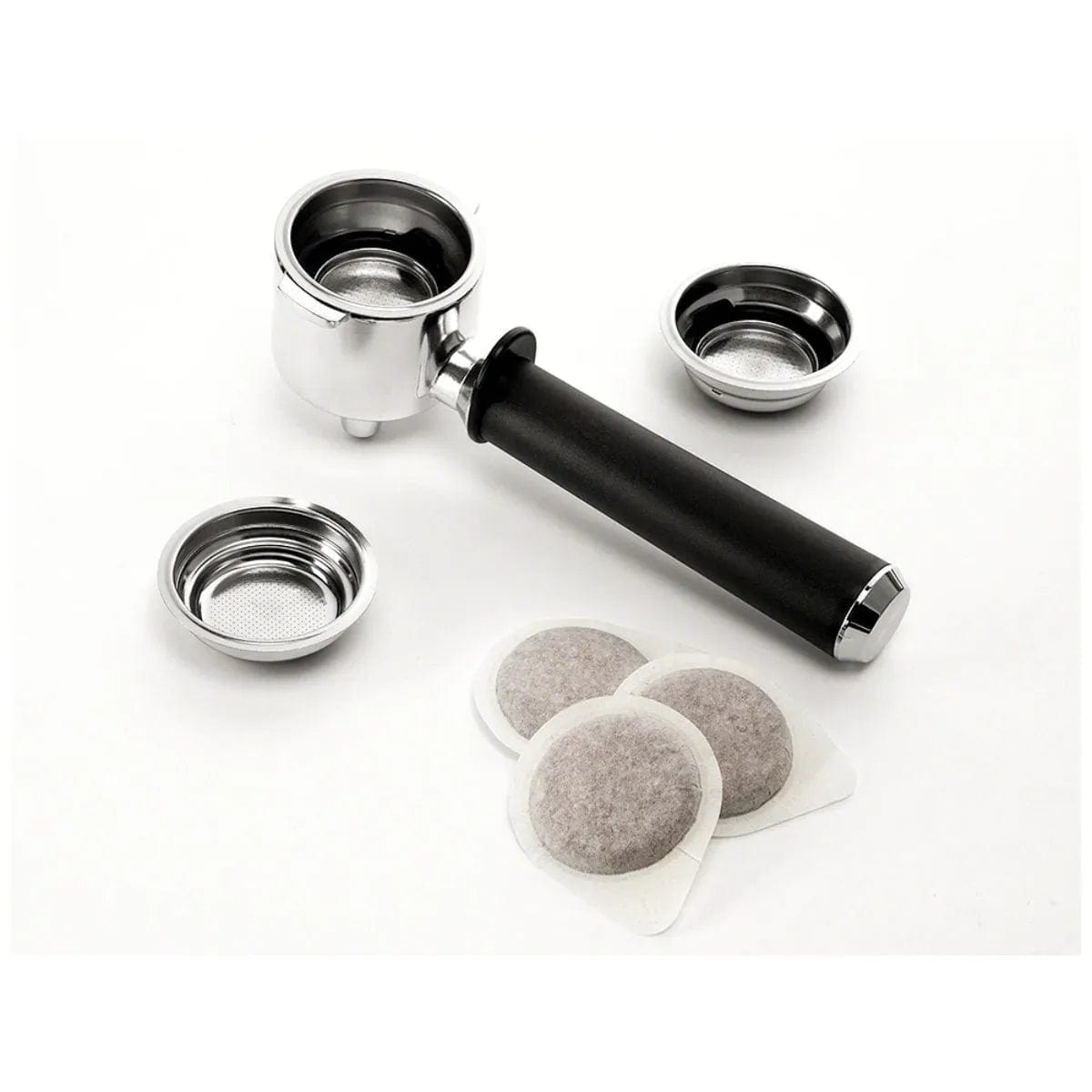 The DeLonghi Combination All-in-One Coffee, Espresso & Latte Machine COM532M includes a portafilter with a black handle, three metal filter baskets, and two round coffee pods—ideal for preparing drinks with your 15-bar pump machine.