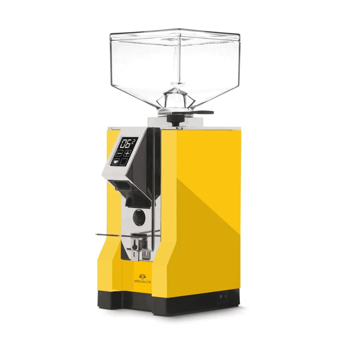The Eureka Mignon Specialita, a yellow coffee grinder from Eureka, features a clear square hopper on top, a digital display on the front, and a black dispensing chute. It boasts near silent operation and has a modern, sleek design.