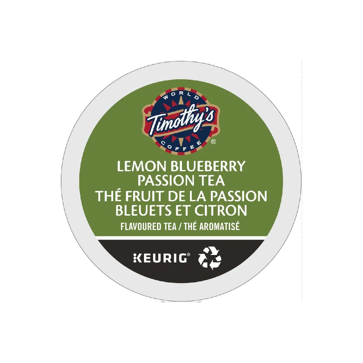 A white circular lid from a Timothy's Lemon Blueberry Passion Tea K-Cup® Recyclable Pod, labeled in English and French. The lid features green and white text on a blue and green background with the Keurig logo at the bottom. This Keurig K-Cup® Pod delivers flavored tea with refreshing citrus notes and natural flavors, available in cases of 96 pods.