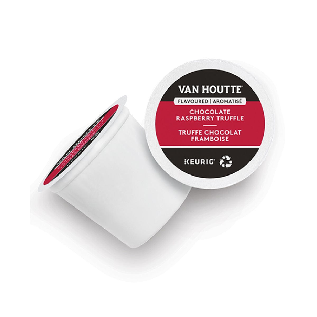 A white K-Cup from Van Houtte, labeled "Van Houtte" and "Chocolate Raspberry Truffle" (Truffe Chocolat Framboise) in English and French, has a black and red lid. The Light Roast K-Cup is shown laying on its side with the label clearly visible. This is part of the Van Houtte Chocolate Raspberry Truffle K-Cup® Recyclable Pods (Box of 24).