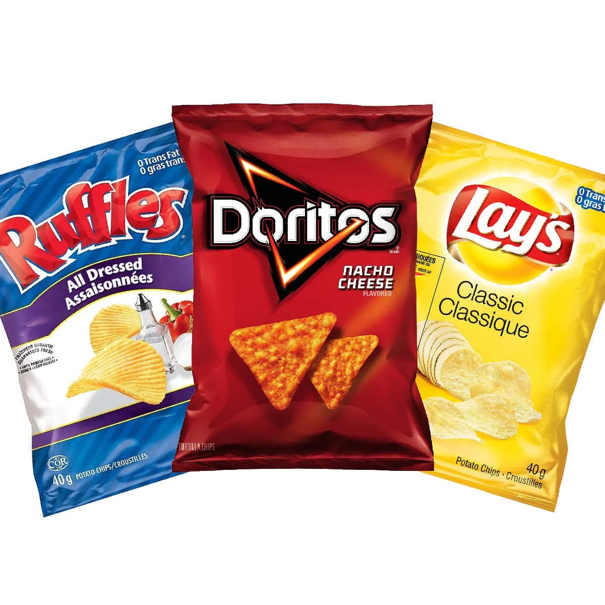 Bulk Lay's Classic, Ruffles All Dressed & Doritos Nacho Cheese (Variety Pack of 36 Bags) Snacks & Treats Lay's, Ruffles & Doritos
