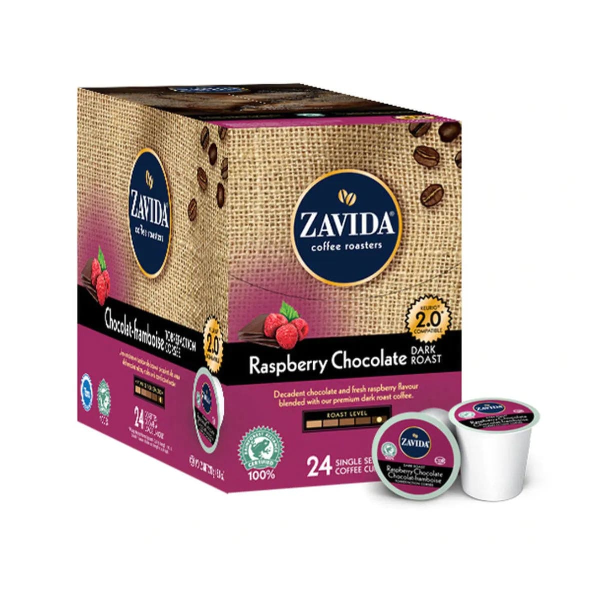 Zavida Raspberry Chocolate Dark Roast Single-Serve Coffee Pods (Box of 24) K-Cups Zavida