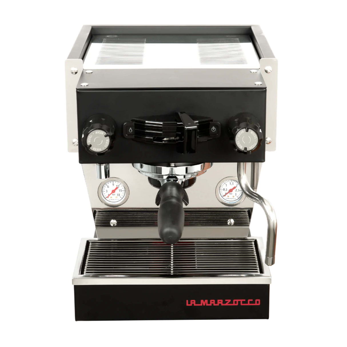 The La Marzocco Linea Micra Espresso Machine (Black) boasts a sleek stainless steel and black design. This machine features a portafilter, two pressure gauges, and a steam wand to ensure café-quality drinks. The drip tray is located at the bottom front, with "La Marzocco" displayed in bold red letters.
